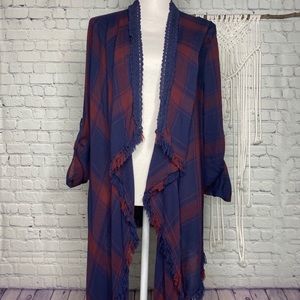 Knox Rose maroon and blue fringed kimono